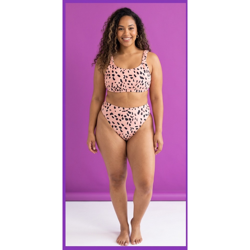 NWT Anna-Kaci Womens Dalmatian Print High Waisted Bikini Set Pink‎ Black 1XL